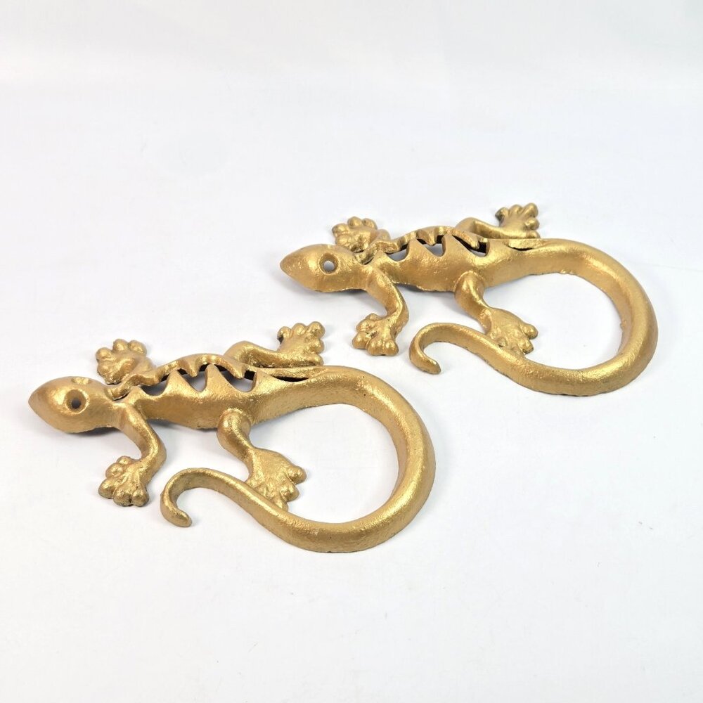 Decorative Golden Cast Metal Geckos Lizards Pair Heavy